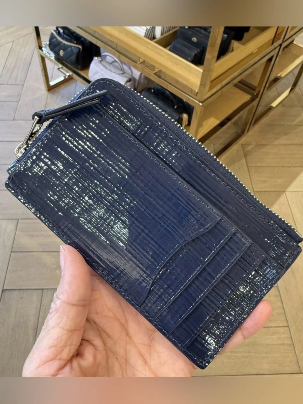 Tory Burch Britten Textured Patent Zip Card Case Navy (MSRP $